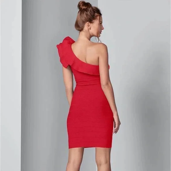 VENUS dramatic‎ Red Ruffle Bandage Bodycon Dress One Shoulder Sleeveless - Picture 2 of 13